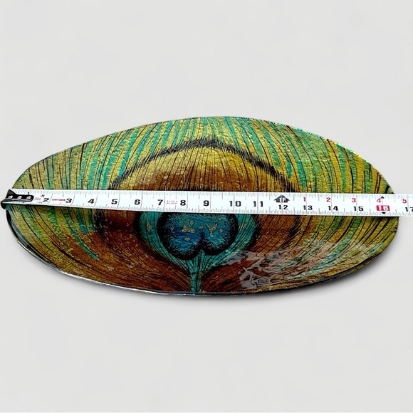 Hand-Painted Peacock Feather Decorative Glass Display Platter 16.5” x 10” Oval - Picture 2 of 4